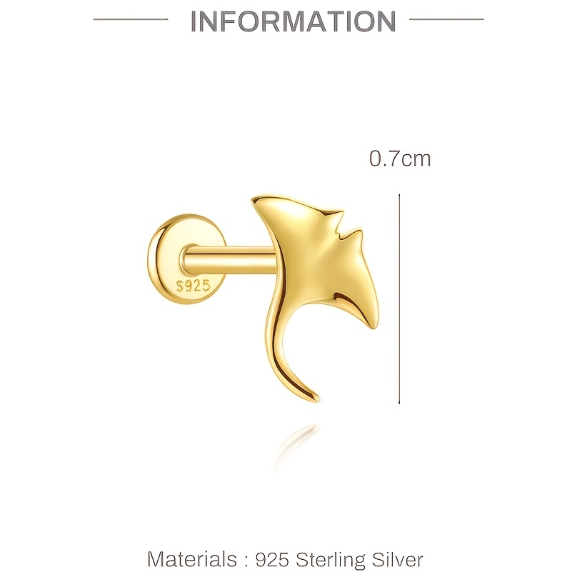 Women's S925 Silver Manta Ray Polished Glossy Stud Earrings